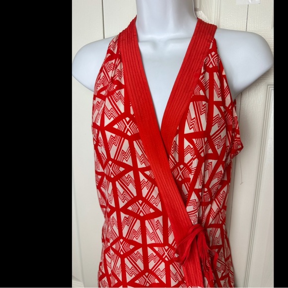 Anthro LEIFSDOTTIR Catalyst Wrap Top Blouse Shirt Silk Red Orange White Geo - Picture 4 of 12